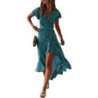 Bohemian Floral Printed Wrap V Neck Short Sleeve Split Beach Party Maxi Dress