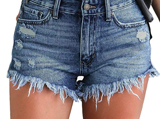 Woman wearing jeans shorts.