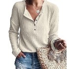 Womens-Sleeve-Waffle-Blouse V Neck Henley Shirts
