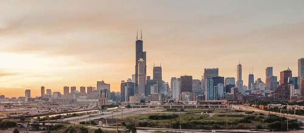 chicago skyline at sunset