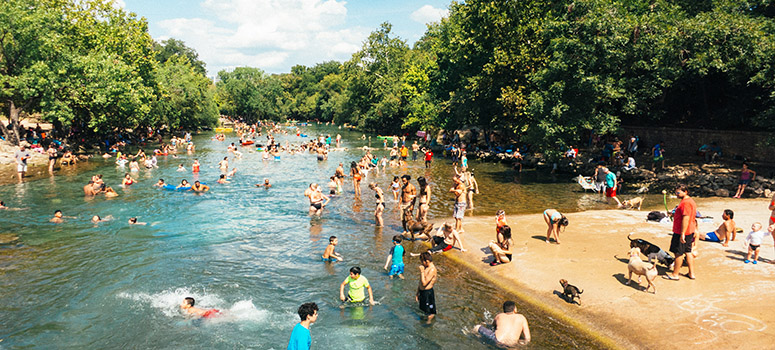 Happy people in Barton Springs, laughing, splashing, dogs, joy
