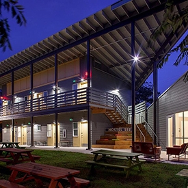 Exterior at night of Hostel 512 in Austin